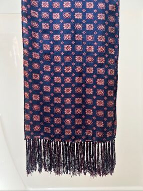 Beautiful Silk Scarf. Navy Printed Fringe with Red Geometric Motif.